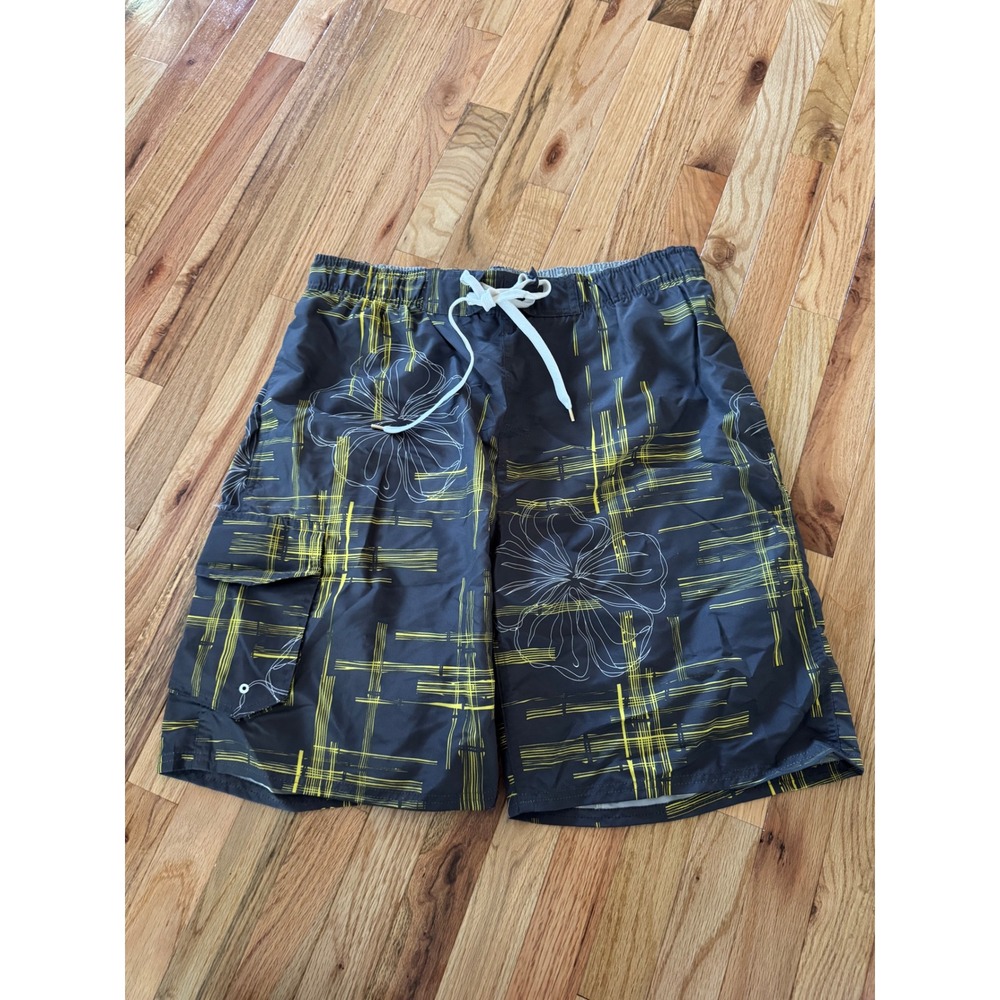 Starting Point Mens 2XL Board Shorts Gray Yellow Floral Plaid Cargo Swim Trunks